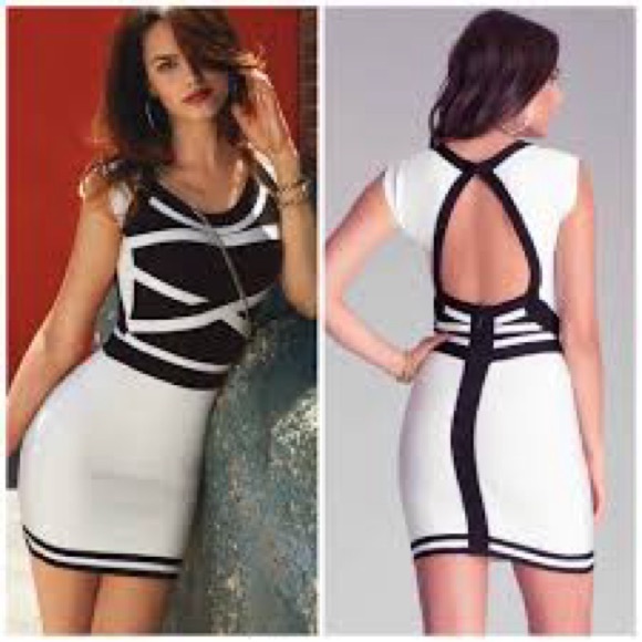 BEBE Black White Bodycon Mini Dress Bandage‎ Size XS Party Girls Night Out Sexy - Picture 1 of 7